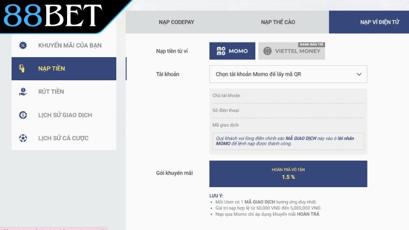 Hướng Dẫn Cách Nạp Tiền 88Bet Chi Tiết Cho Game Thủ Cá Cược Những lưu ý khi nạp tiền 88BET