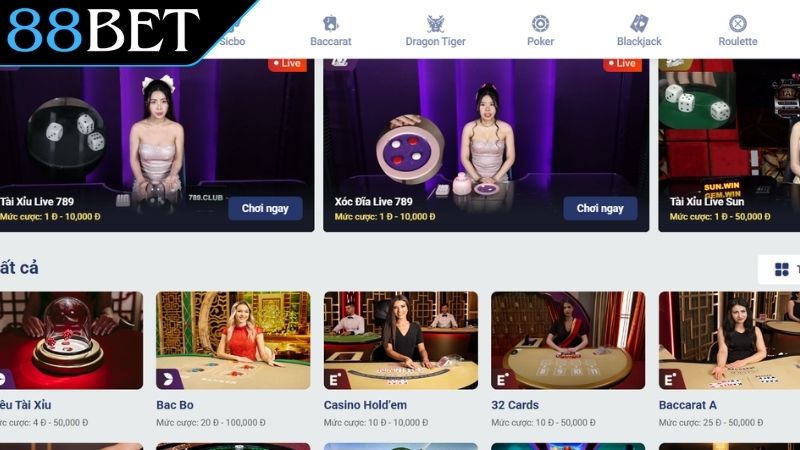 Sảnh cược trực tuyến 88Bet nơi trải nghiệm casino chân thực
